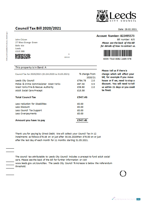 download United Kingdom Leeds City Council tax bill template in Word and PDF format PDF template
